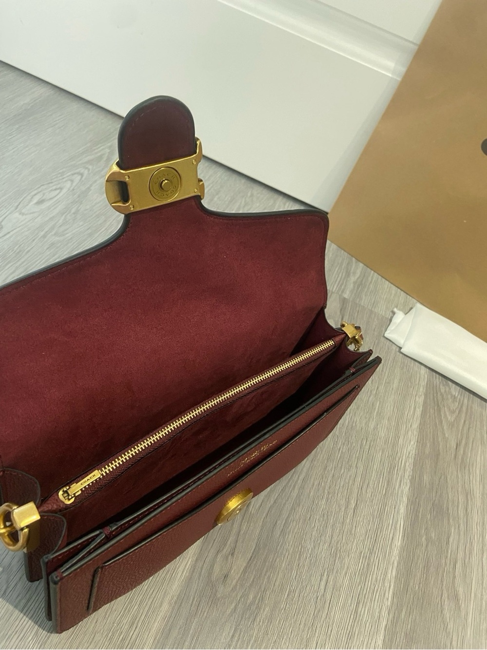 Coach Wine Red Pebbled Leather Crossbody with Gold 'C' Accent - Picture 8 of 9